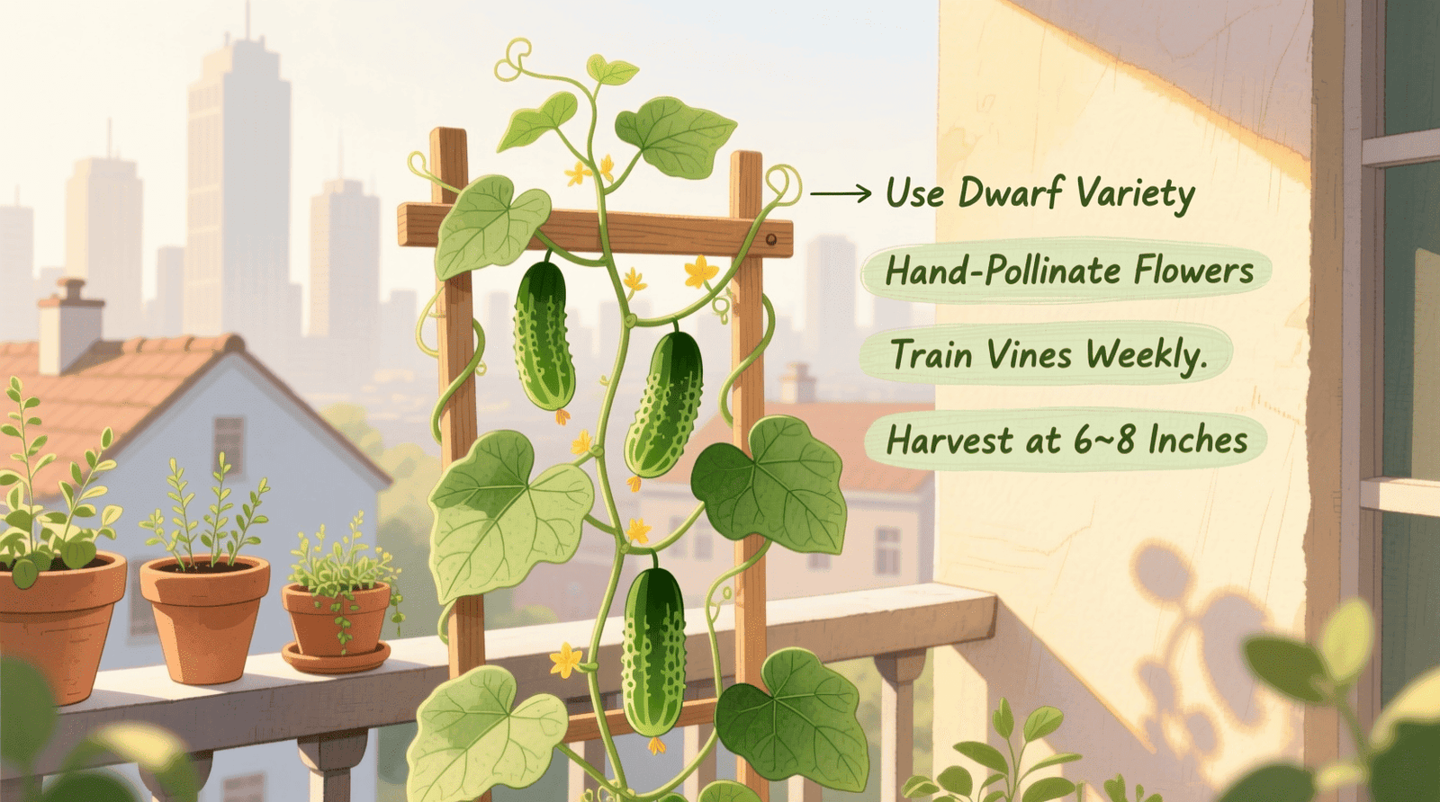 Fresh cucumbers hanging from a trellis ready for harvest