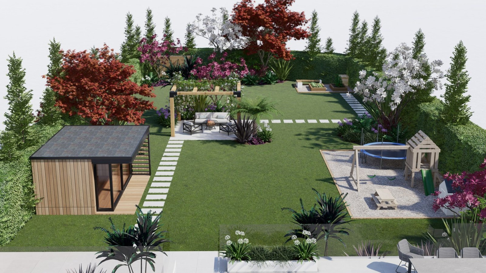 Home garden layout planned with paths planting beds and sunlight in mind