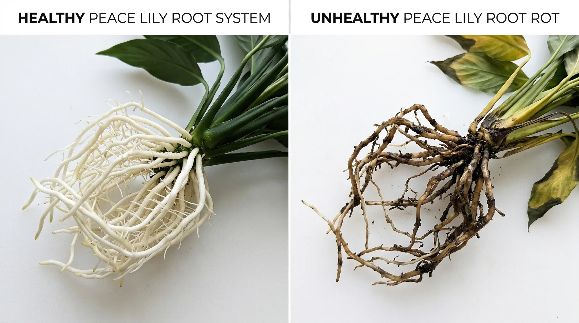 Repotting a peace lily with fresh potting mix and healthy roots