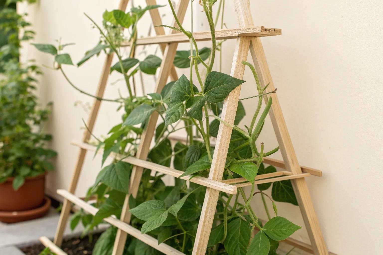 Pole beans climbing a sturdy bamboo trellis in a home garden