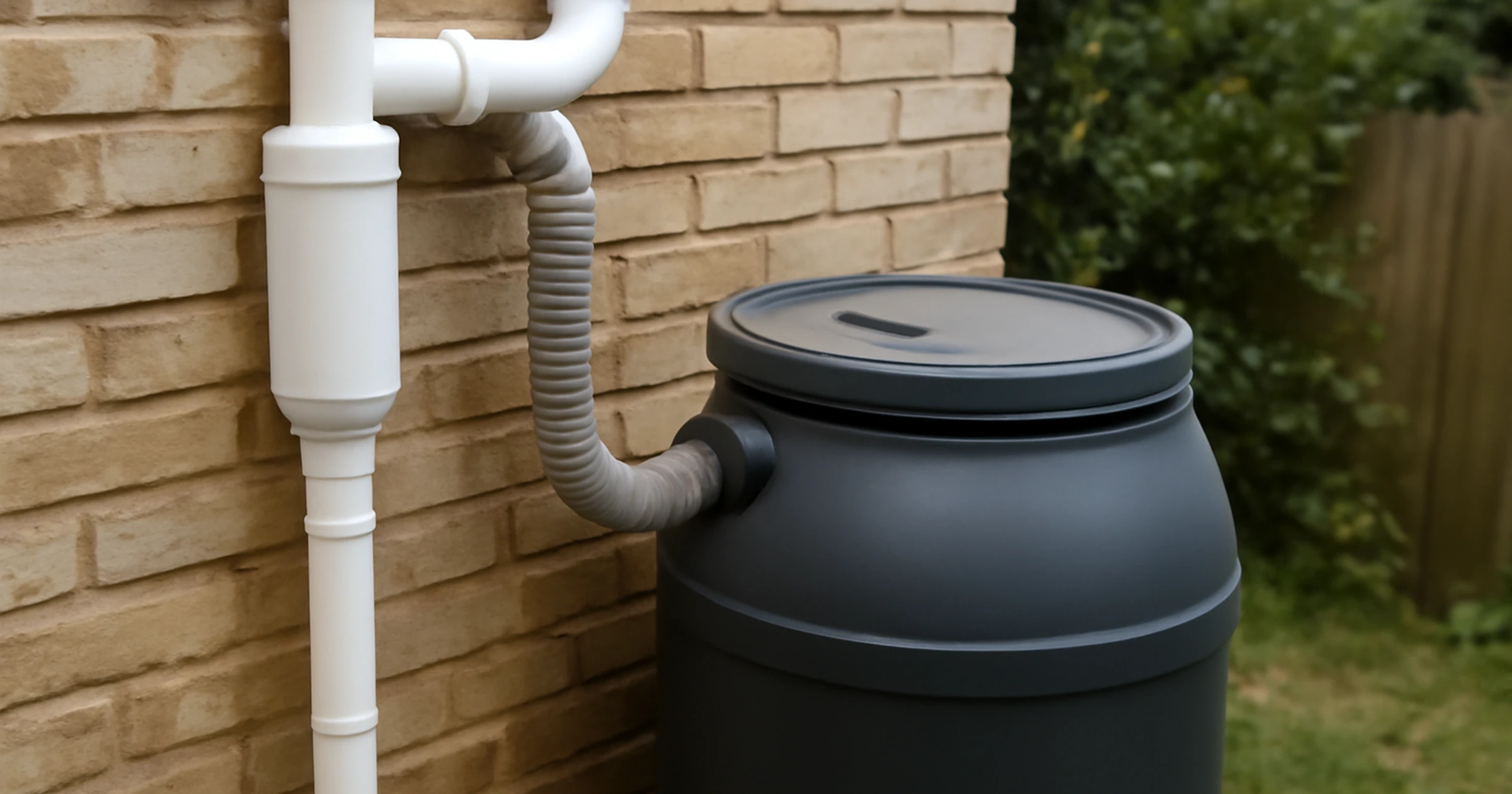 Rainwater collection setup with screened inlet and downspout connection
