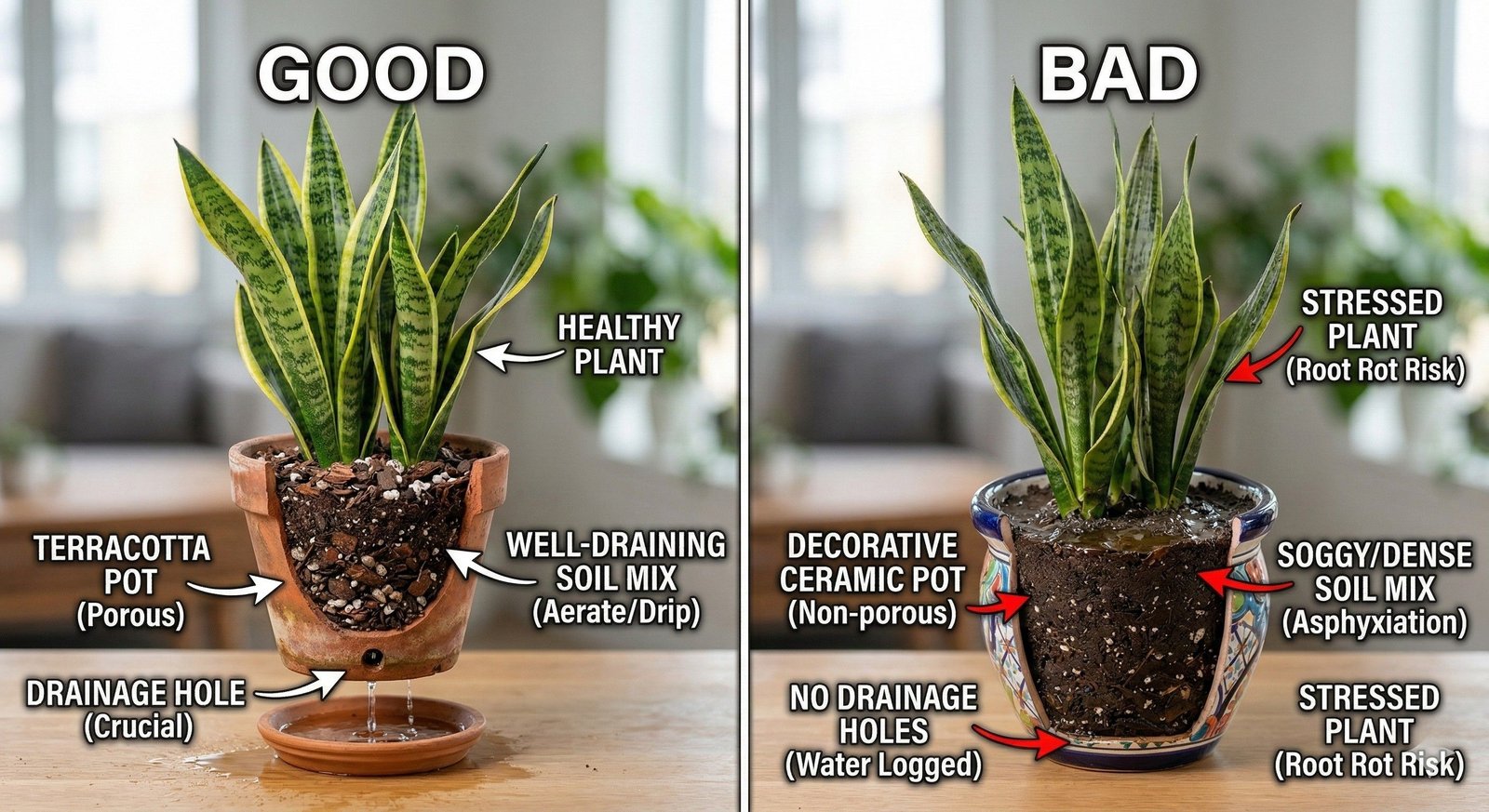 Fast-draining potting mix and container setup for snake plant care