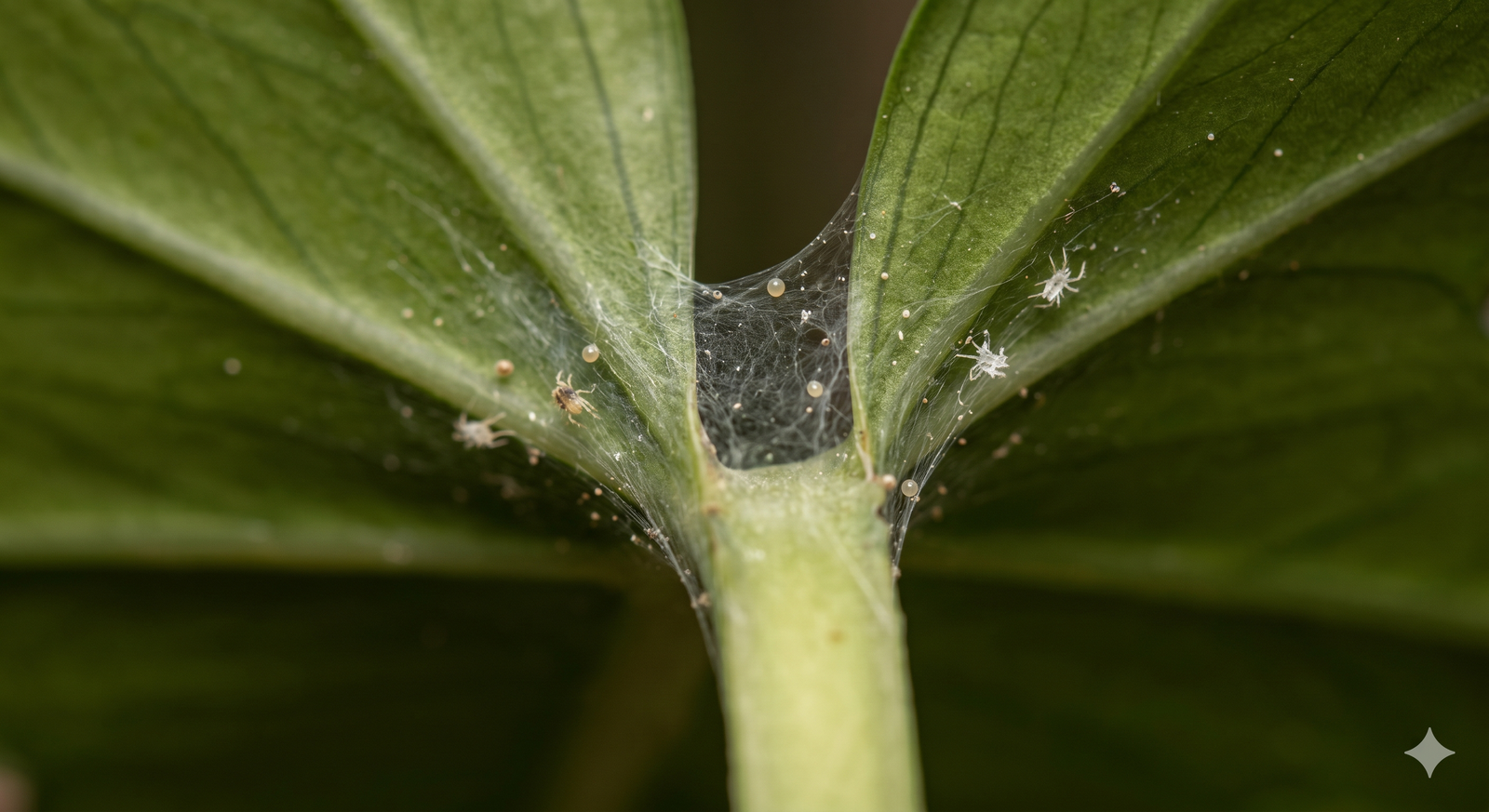 Spider mite webbing and feeding damage on the underside of a houseplant leaf