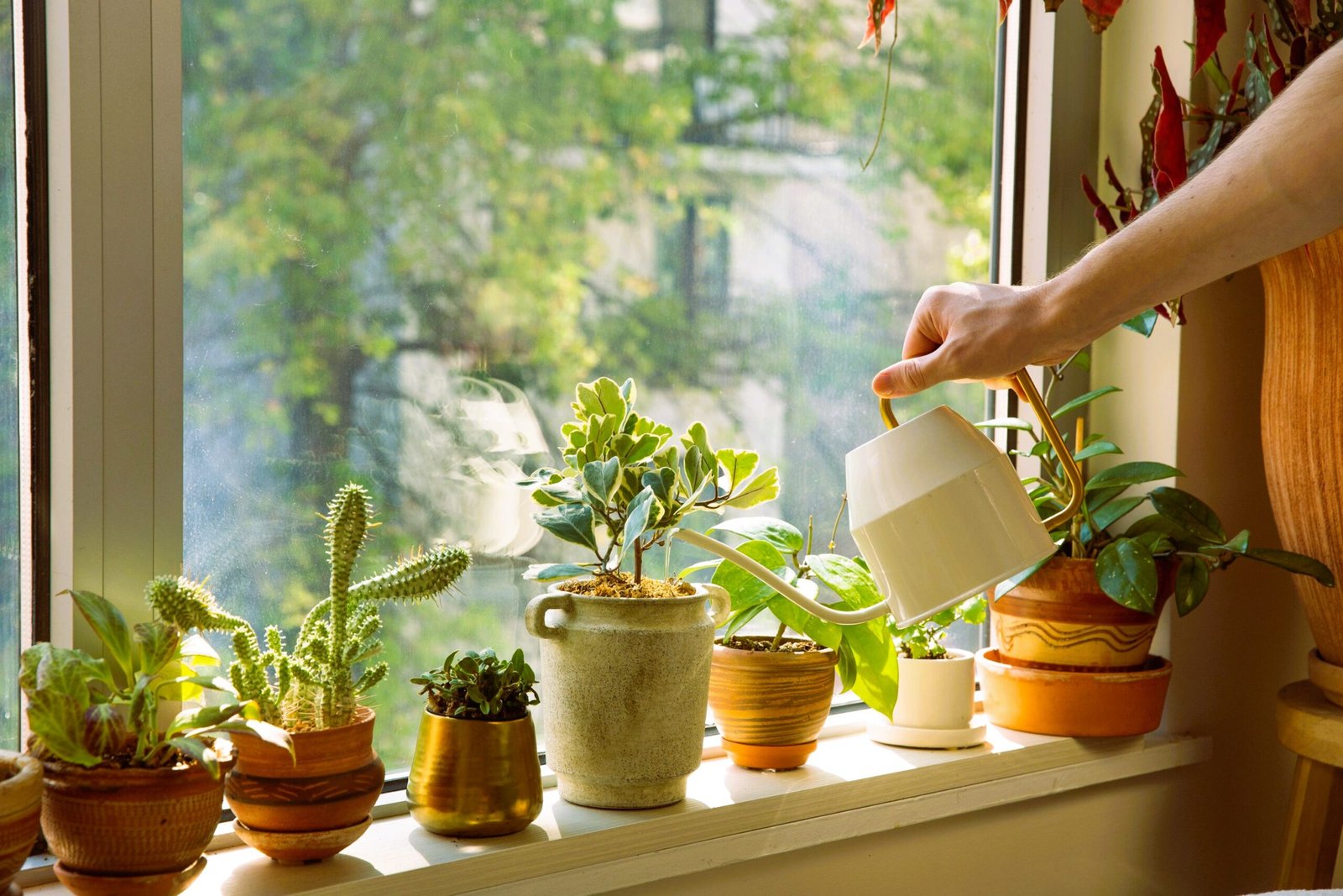 Watering a houseplant thoroughly after applying fertilizer