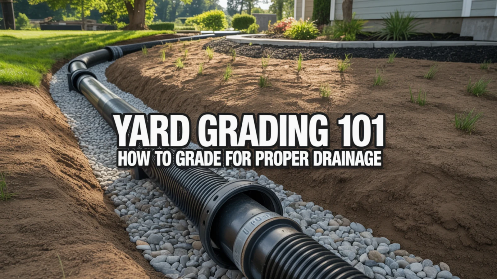 Shallow landscape swale directing runoff away from a wet garden area
